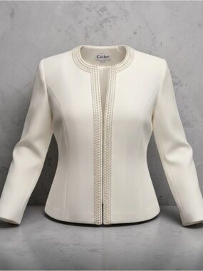 Cachet Cream Pearl-Trim Open Front Jacket